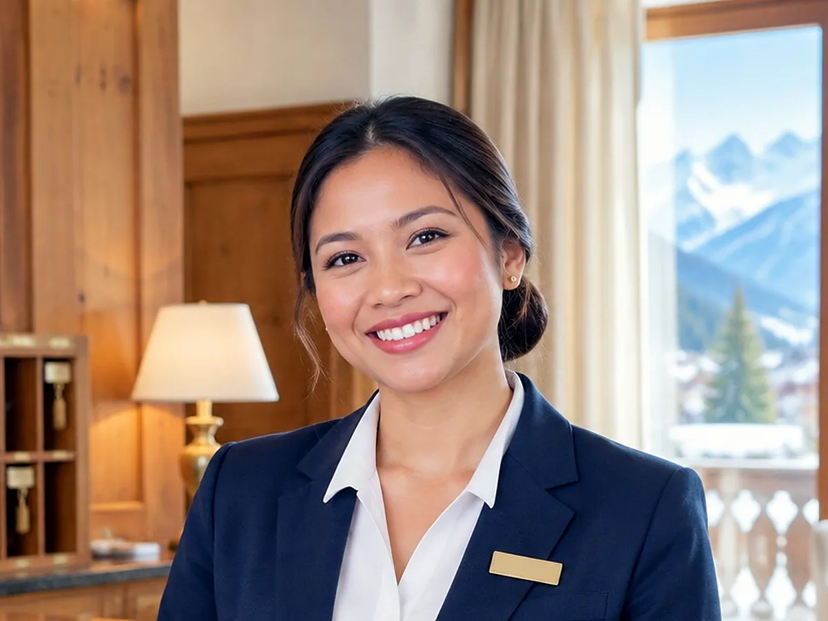 Filipino front office agent welcoming arriving guests at a hotel reception