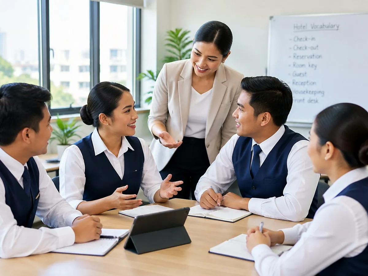 Hospitality trainees practising a guest conversation with their trainer
